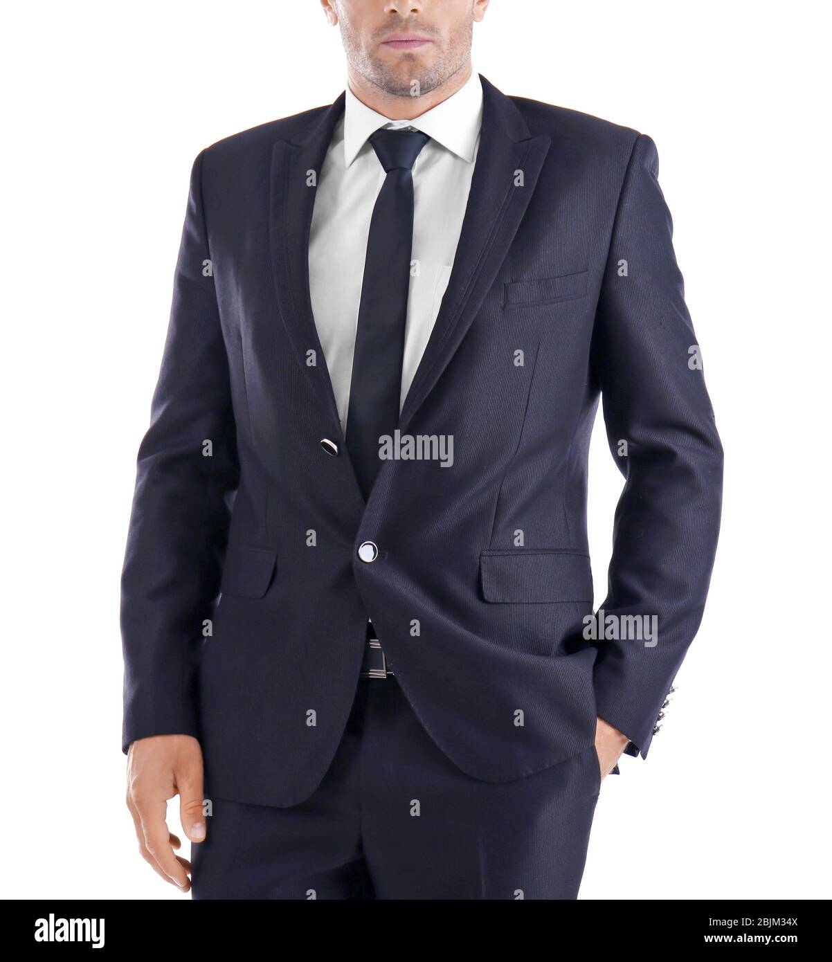 Handsome man in elegant black suit on white background Stock Photo - Alamy