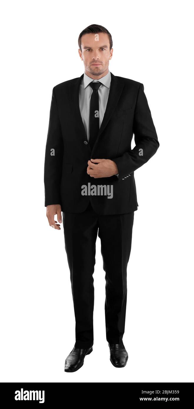 Handsome man in elegant black suit on white background Stock Photo - Alamy