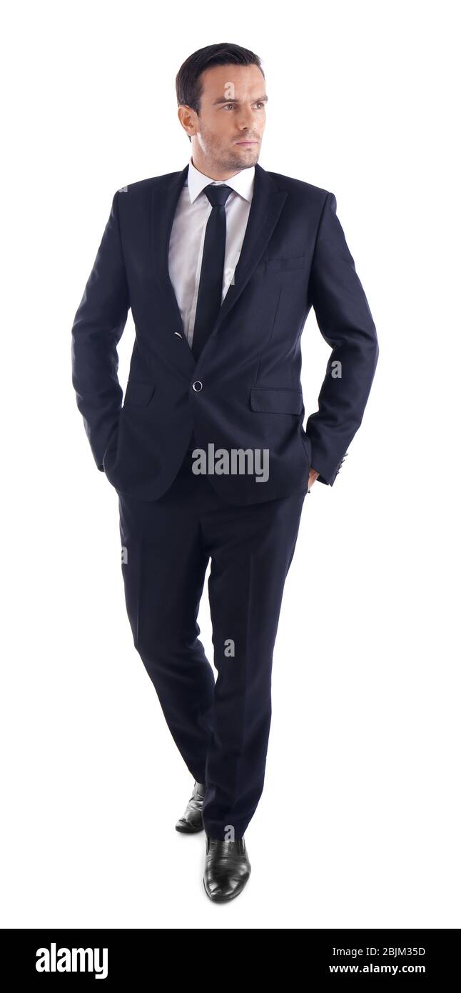 Handsome man in elegant black suit on white background Stock Photo - Alamy
