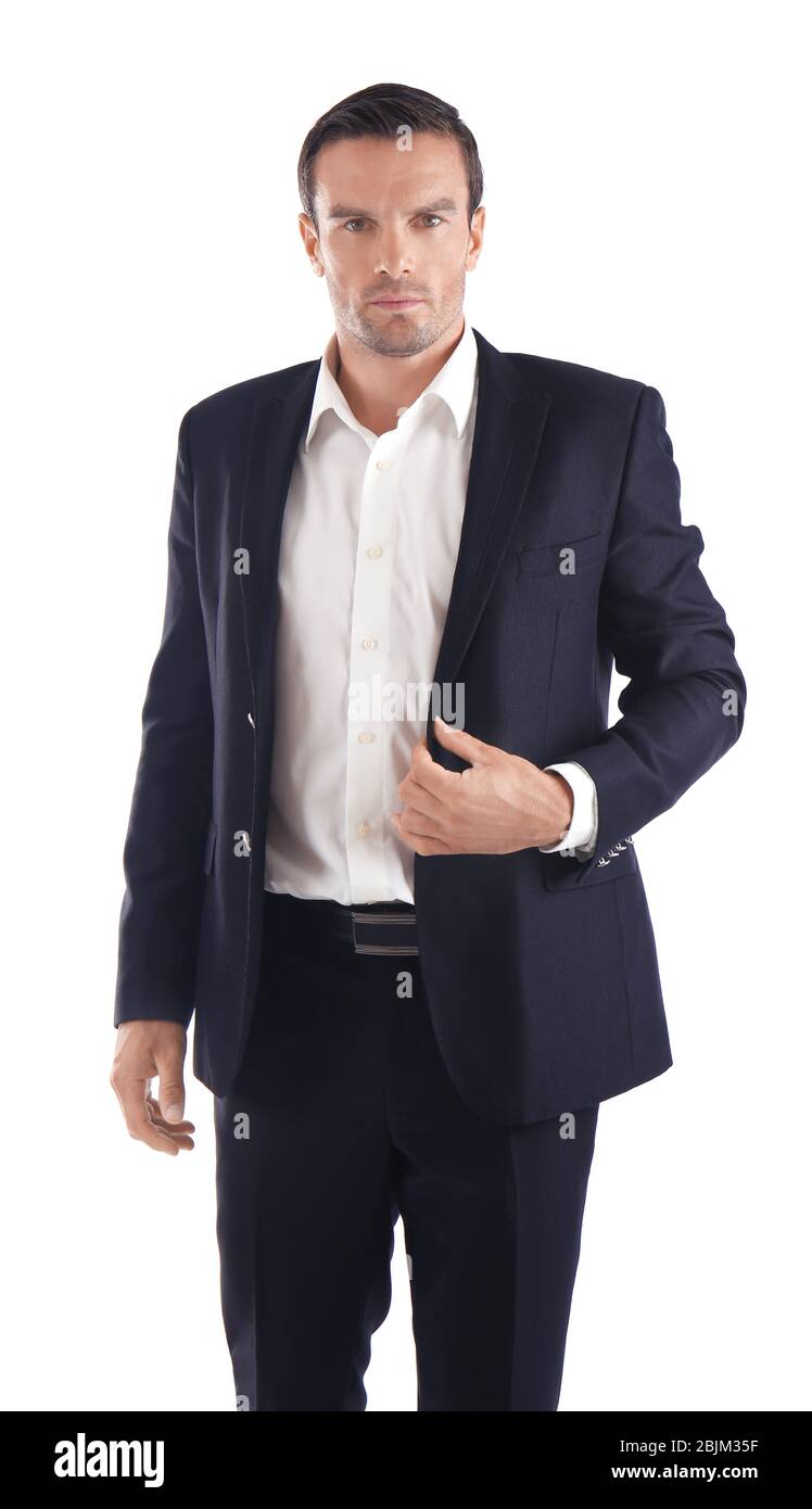 Handsome man in elegant black suit on white background Stock Photo - Alamy