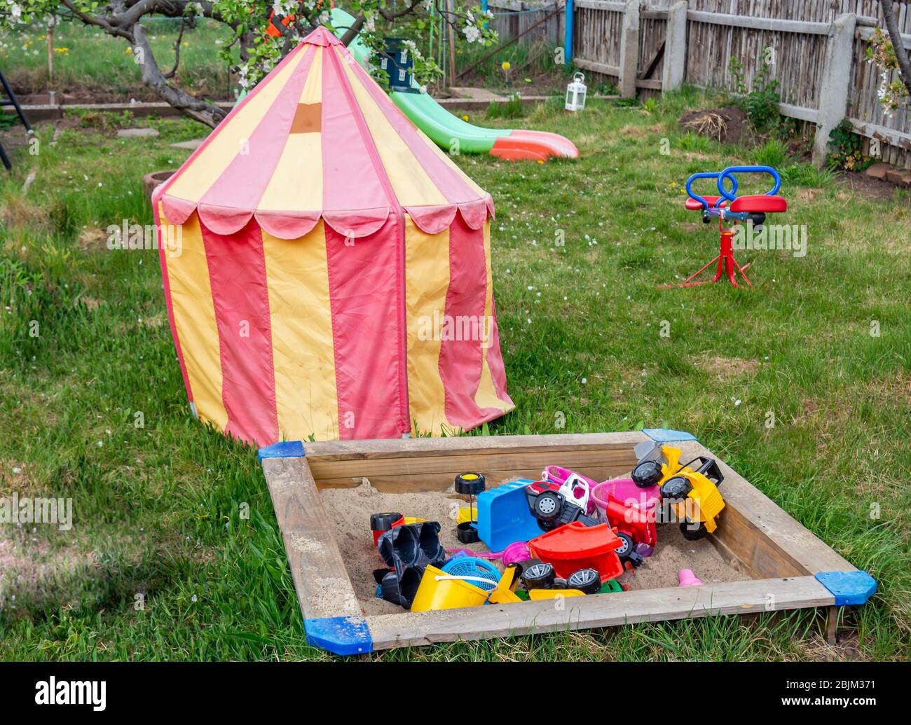 Sandpit with children's toys in kindergarten Stock Photo