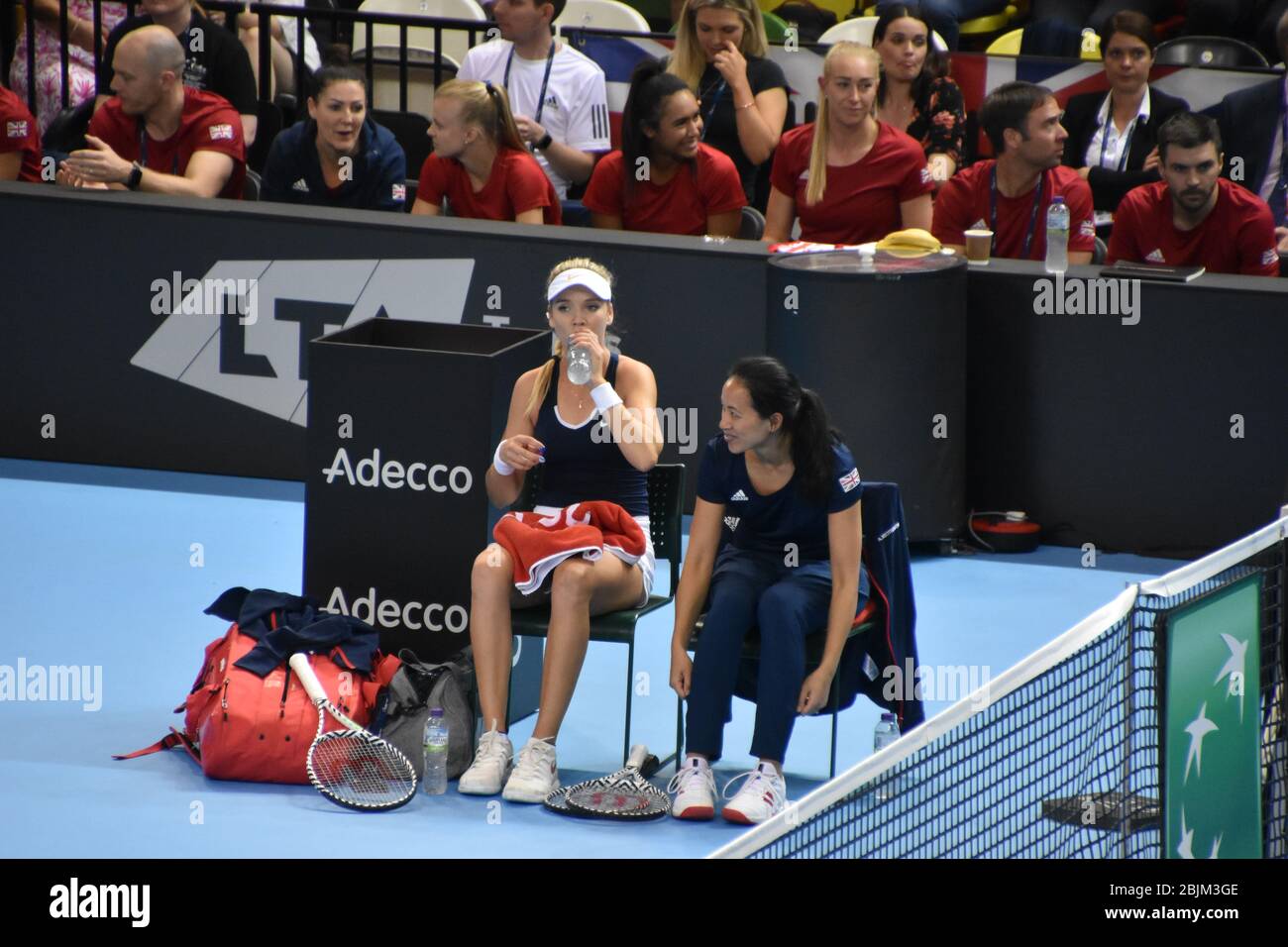 Team Captain Anne Keothavong with British tennis player Katie Boulter from Leicester at the women’s tennis Fed Cup 2019. Copper Box Arena, London, UK Stock Photo