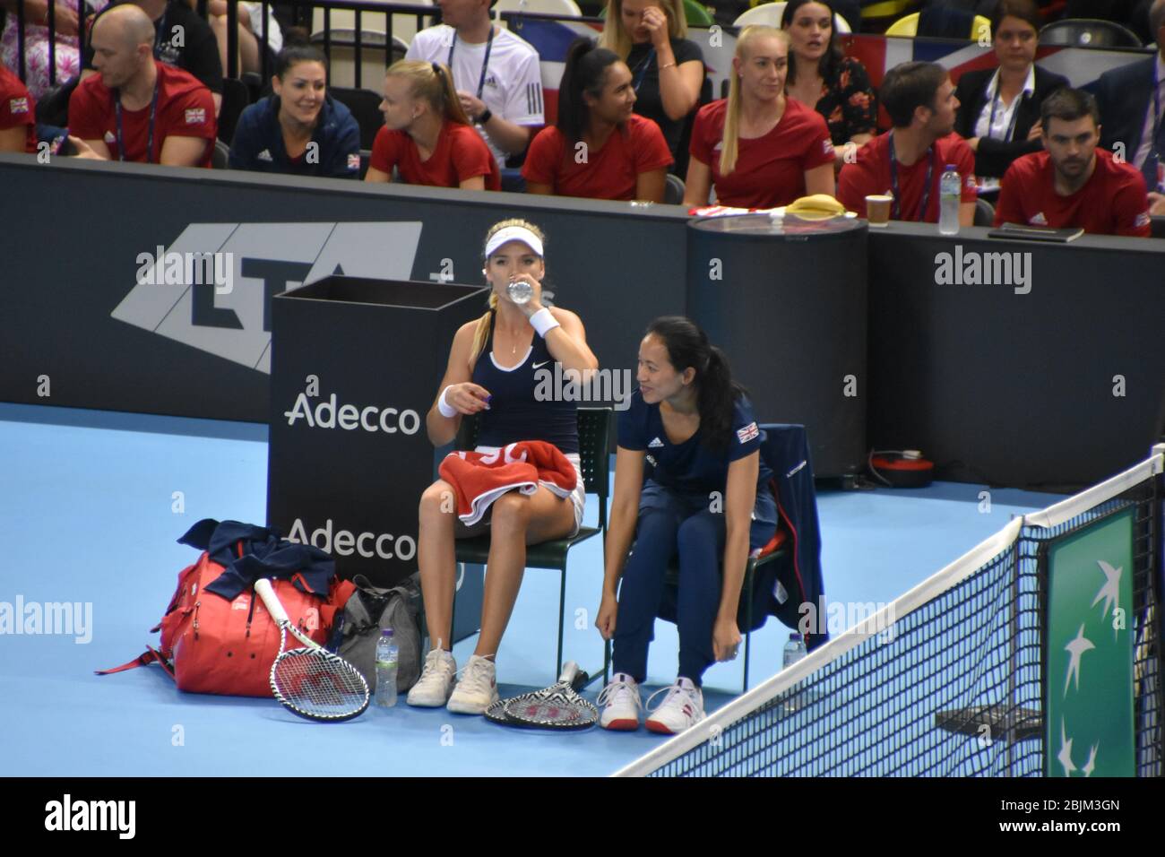Team Captain Anne Keothavong with British tennis player Katie Boulter from Leicester at the women’s tennis Fed Cup 2019. Copper Box Arena, London, UK Stock Photo
