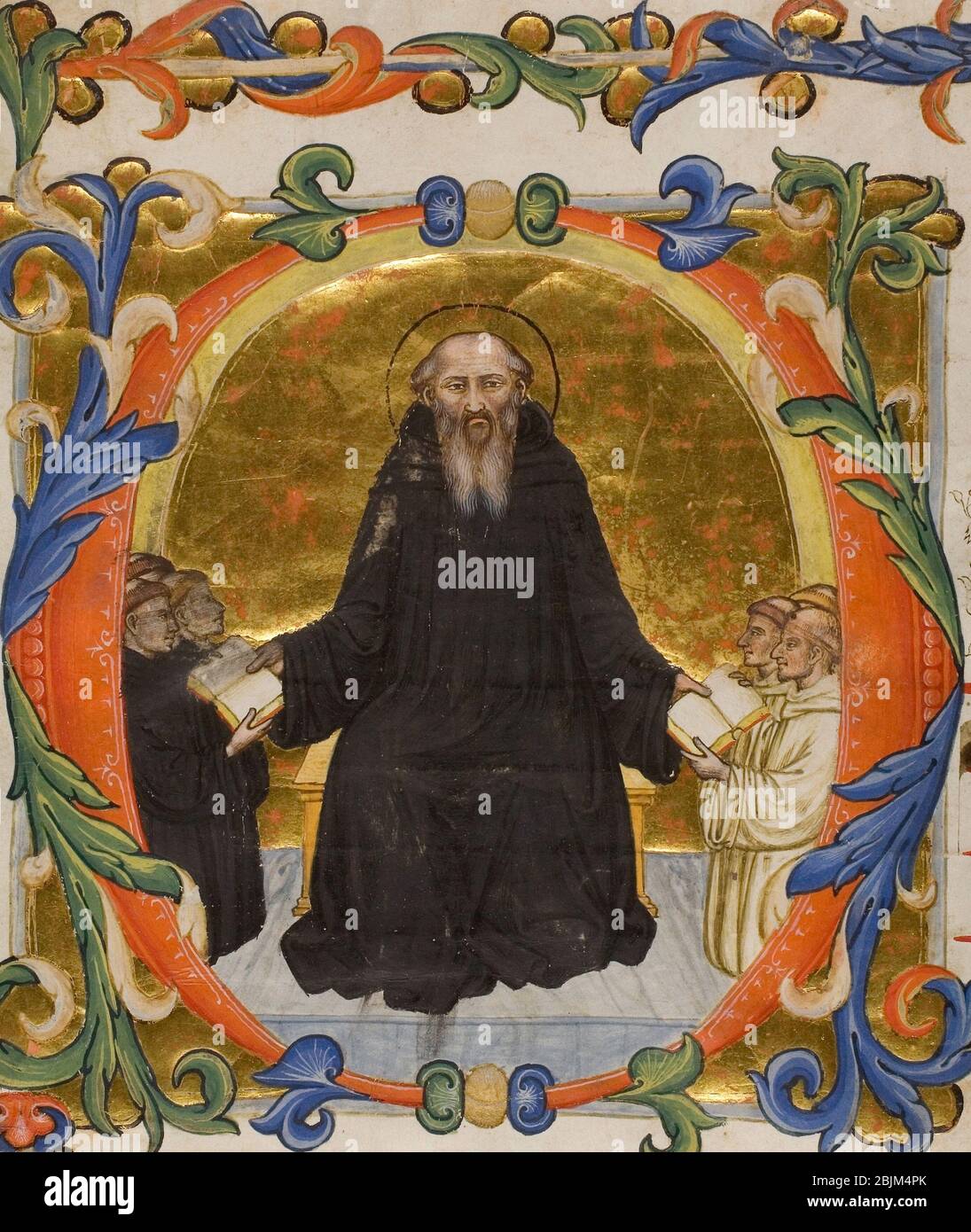 Author: Nicol di Giacomo da Bologna. Saint Benedict Presenting his Rule to Benedictine and Cistercian Monks in a Historiated Initial 'O' from a Stock Photo