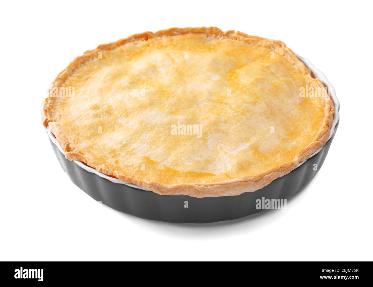 Delicious meat pie in cake pan, isolated on white Stock Photo Alamy