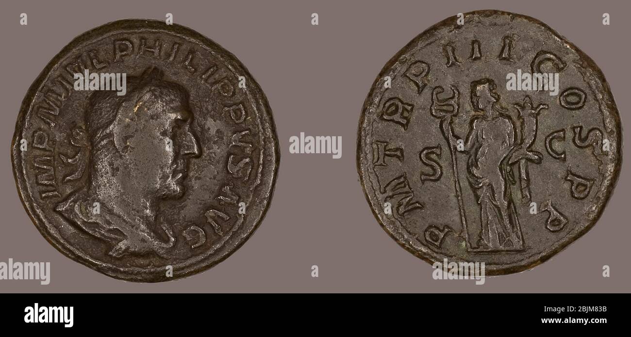 Author: Ancient Roman. Sestertius (Coin) Portraying King Philip I - AD 246 - Roman. Bronze. 246 AD. Rome. Stock Photo