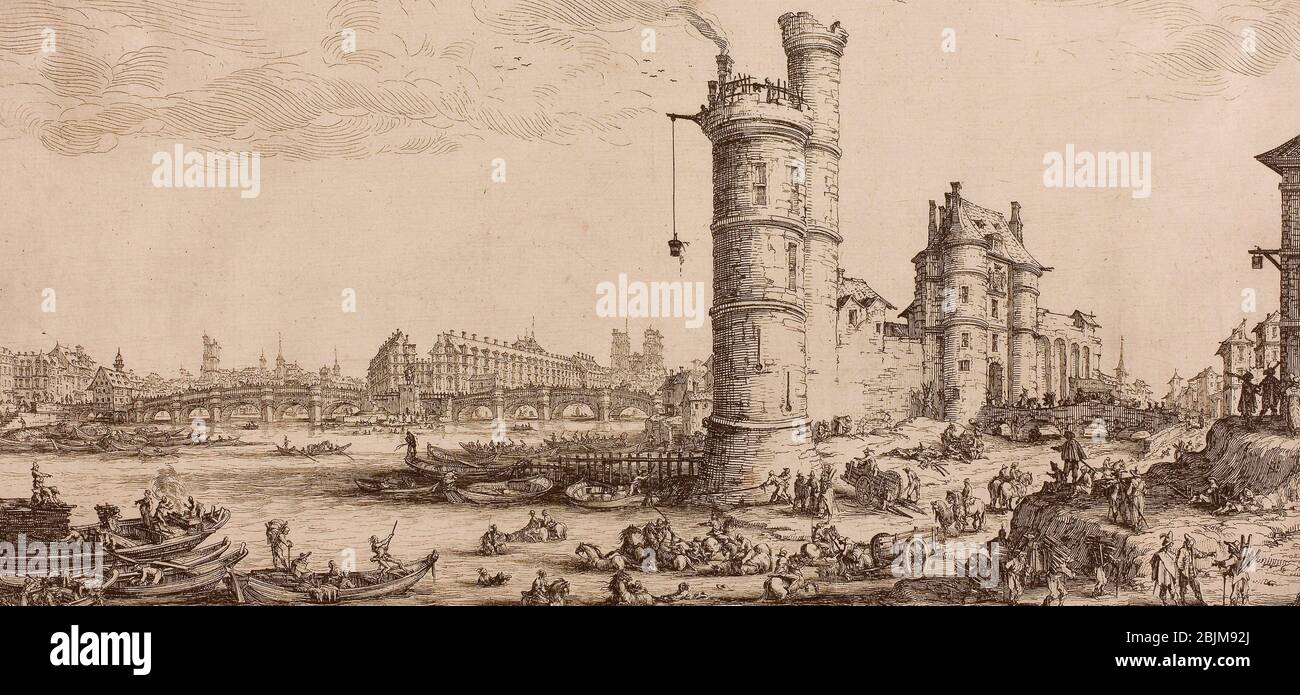 Author: Jacques Callot. View of the Pont Neuf - 1630'35 - Jacques Callot French, 1592-1635. Etching on paper. 1630'1635. France. Stock Photo