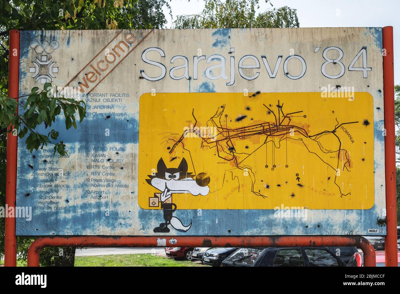 Sarajevo, Bosnia and Herzegovina - August 29, 2019: Olympic 1984 welcome sign board with bullet holes and marks of the Bosnian war Stock Photo