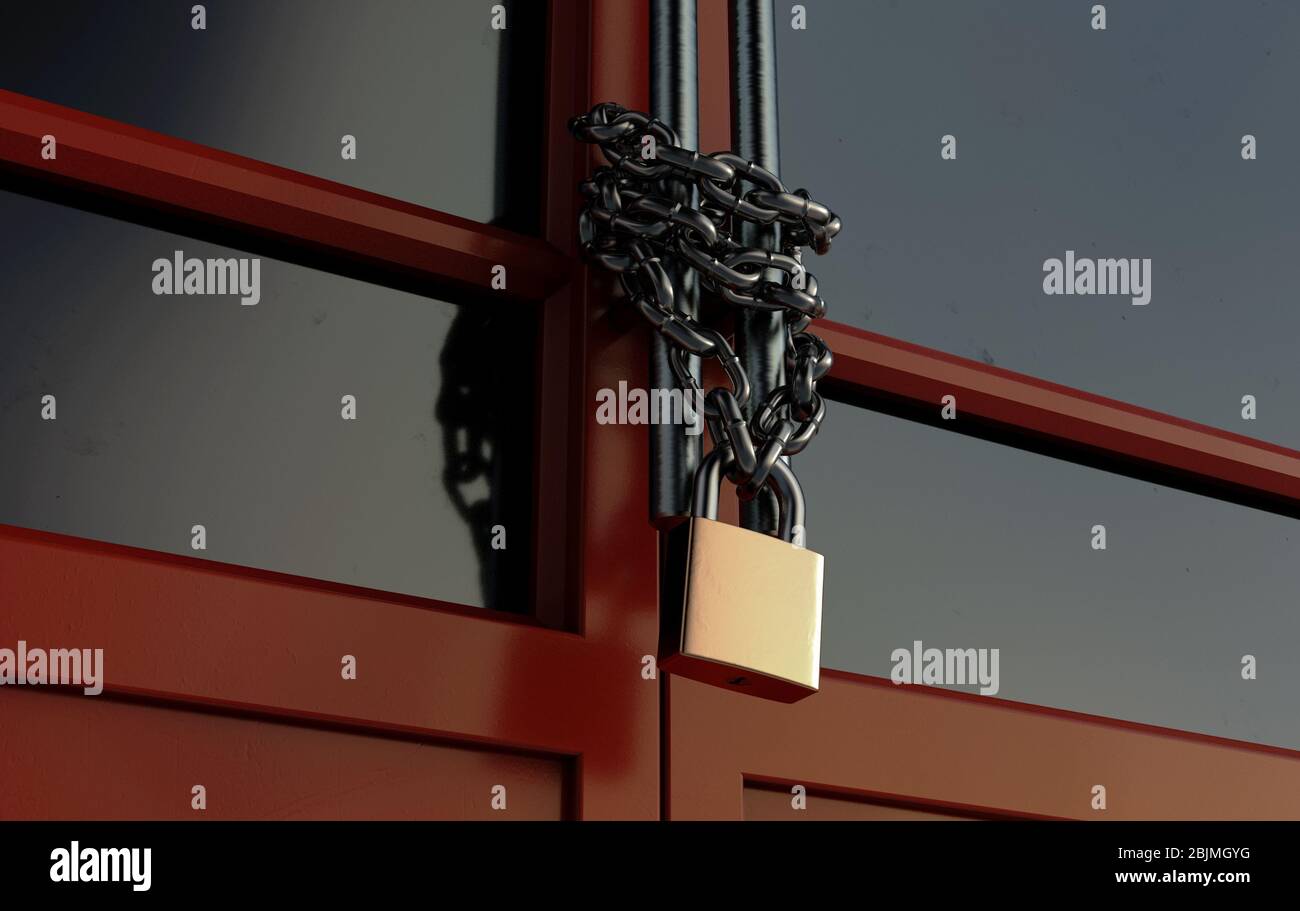 A red generic storefont door chained shut and locked with a chain an padlock - 3D render Stock Photo