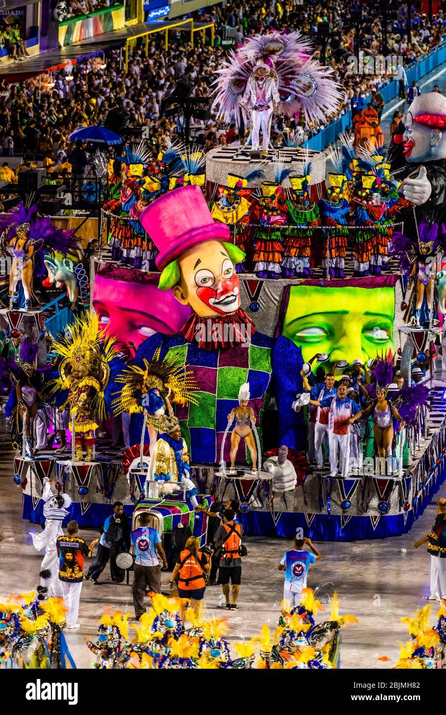 Floats In The Carnaval Parade Of Gres Sao Clemente Samba School In The Sambadrome Rio De Janeiro Brazil The Donkey Is Animatronic Its Head Moves Stock Photo Alamy