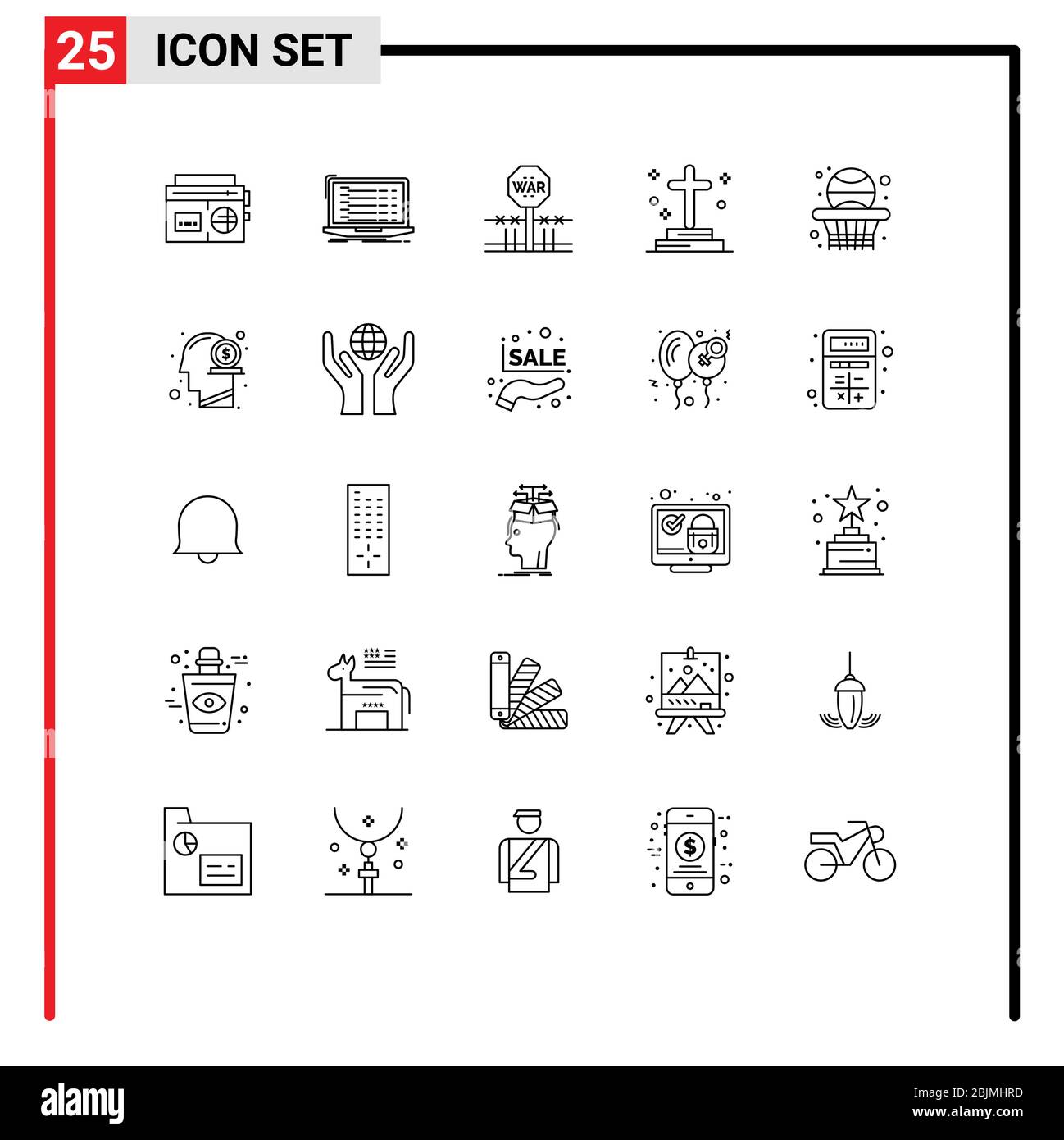 Set of 25 Modern UI Icons Symbols Signs for grave, death, laptop, dead, occupation Editable Vector Design Elements Stock Vector