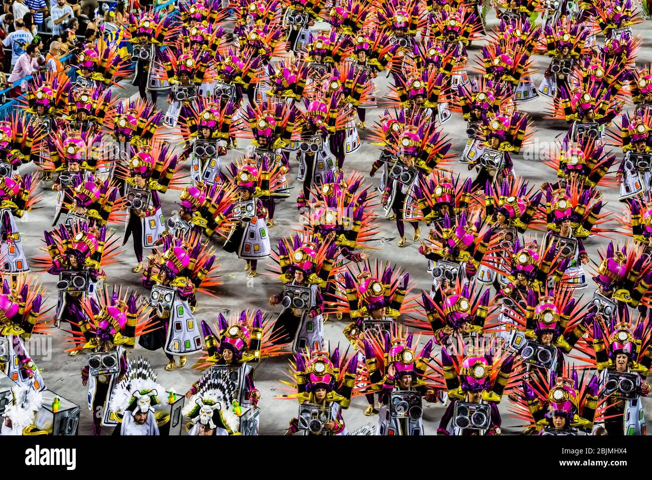 Carnaval parade of GRES Sao Clemente samba school in the Sambadrome, Rio de Janeiro, Brazil. Stock Photo