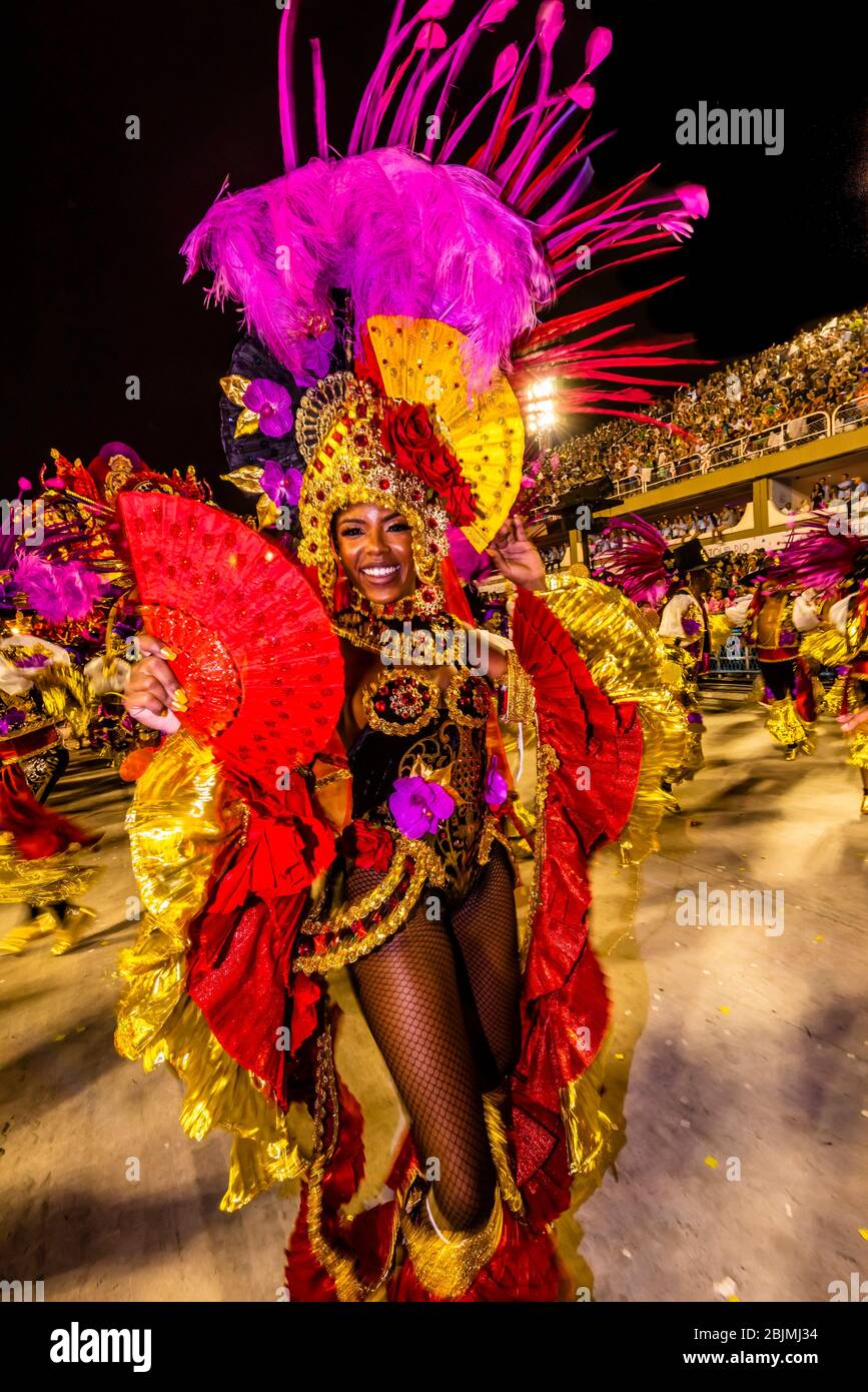Dancers in the Carnaval parade of Academicos do Salgueiro samba school in the Sambadrome, Rio de Janeiro, Brazil. Stock Photo