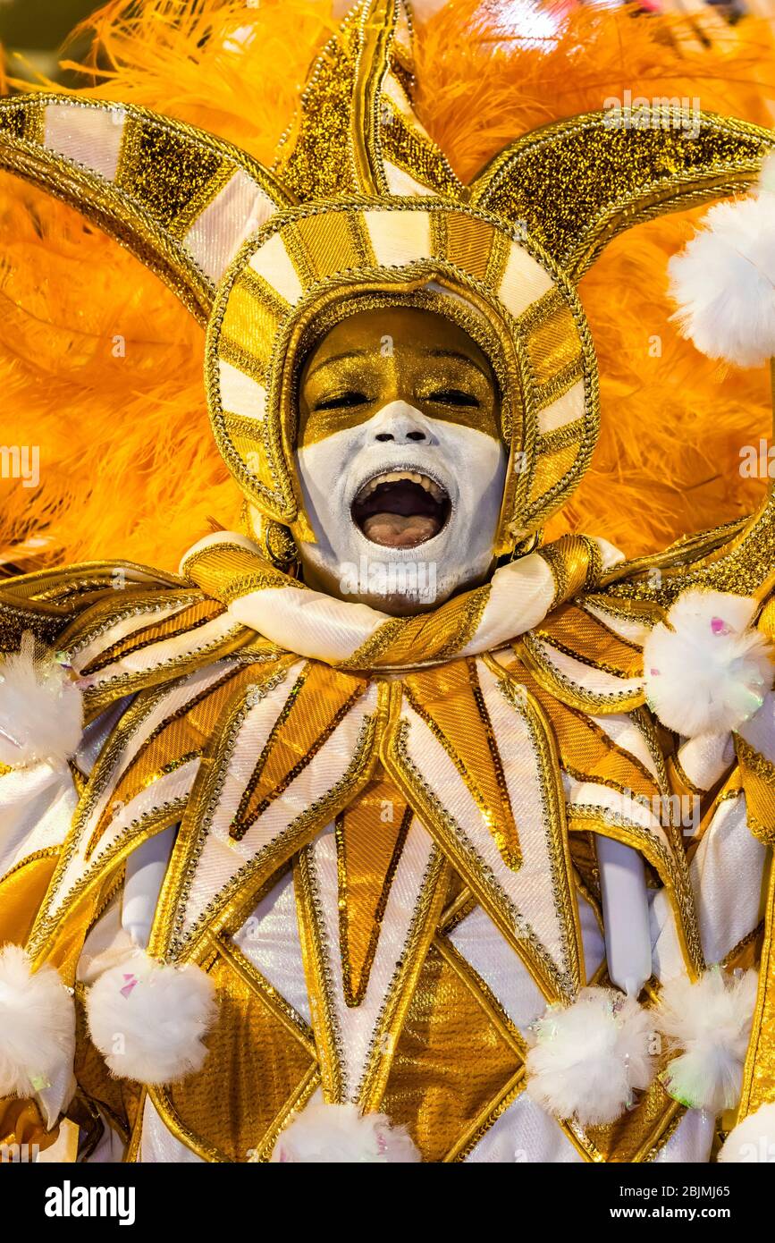 Carnaval parade of Academicos do Salgueiro samba school in the Sambadrome, Rio de Janeiro, Brazil.The theme of their parade is ""The Black King of Stock Photo
