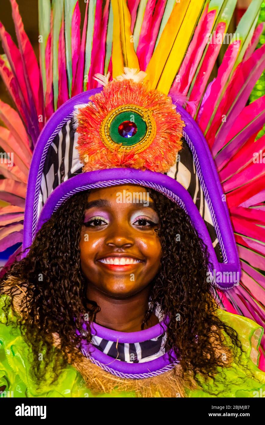 Mangueira do Amanha (Mangueira of Tomorrow) samba school performs in the children's Carnaval Parade, Sambadrome, Rio de Janeiro, Brazil. Stock Photo
