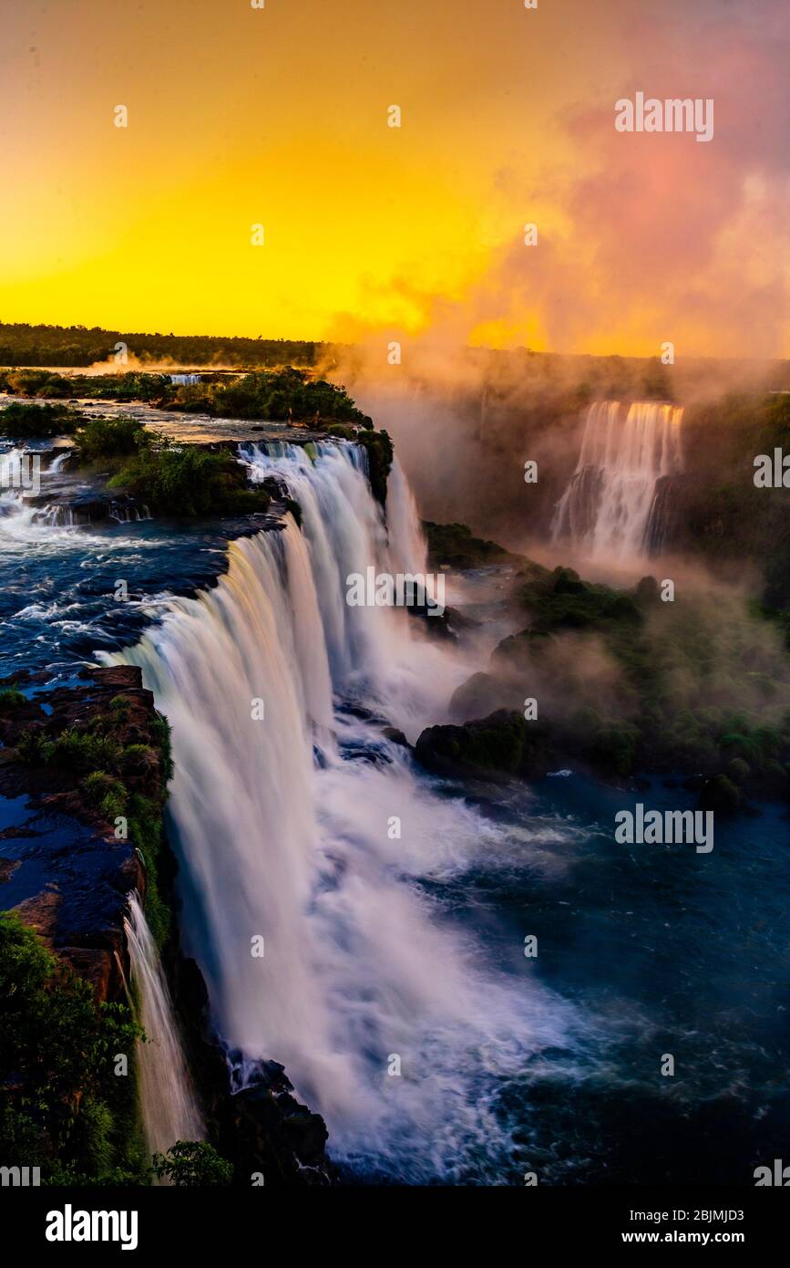 Iguazu Falls (Iguacu in Portugese), on the border of Brazil and Argentina. It is one of the New 7 Wonders of Nature and is a UNESCO World Heritage Stock Photo
