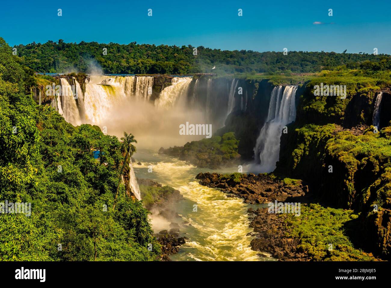 Iguazu Falls (Iguacu in Portugese), on the border of Brazil and Argentina. It is one of the New 7 Wonders of Nature and is a UNESCO World Heritage Stock Photo