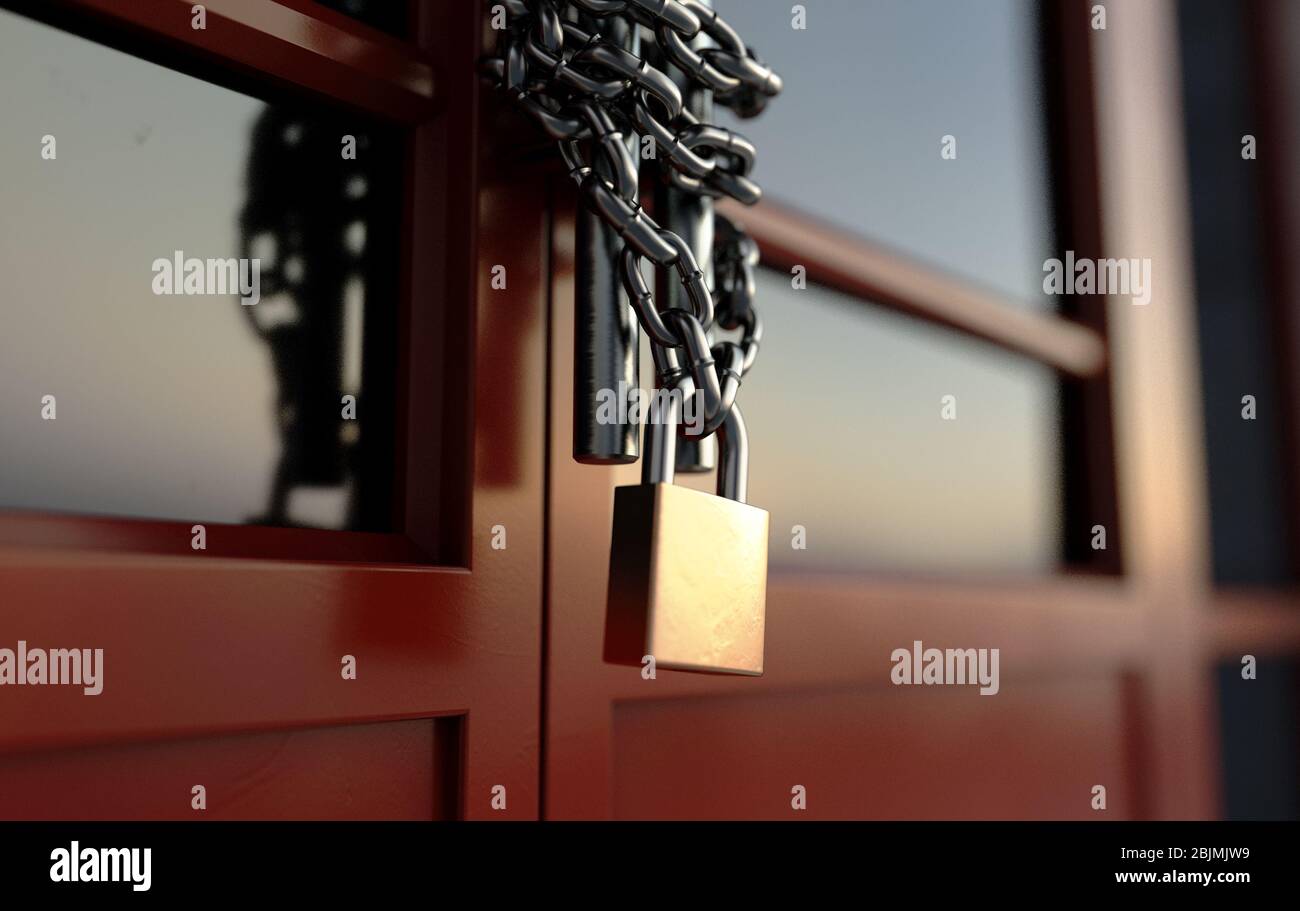 A red generic storefont door chained shut and locked with a chain an padlock - 3D render Stock Photo