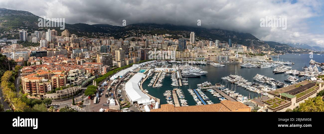 Panoramic view of Monaco Fontvieille harbour, Principality of Monaco. Stock Photo