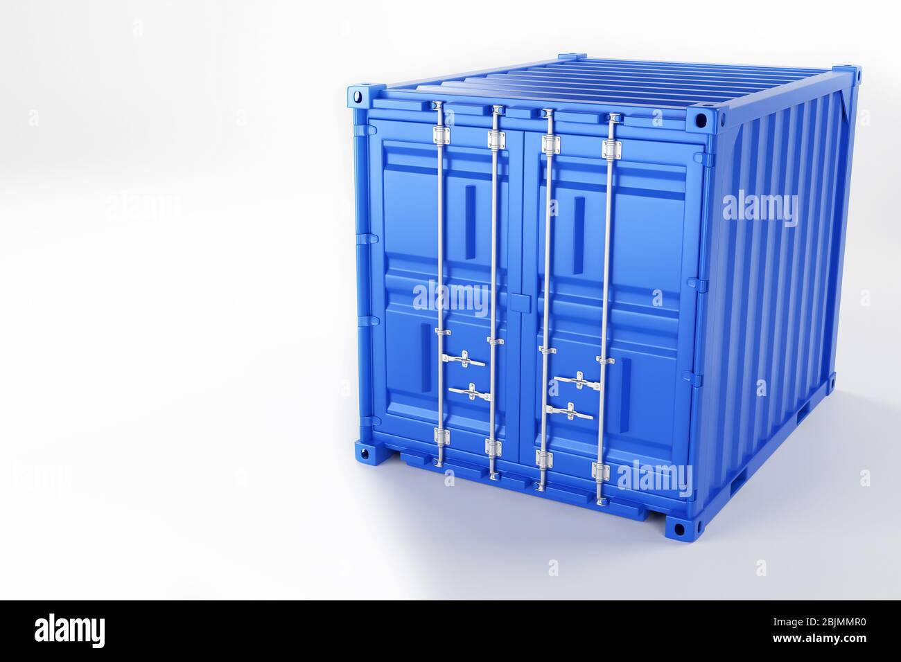 A high quality image of a blue 10ft shipping container on a white background. Ten foot sea shipping container 3d render Stock Photo