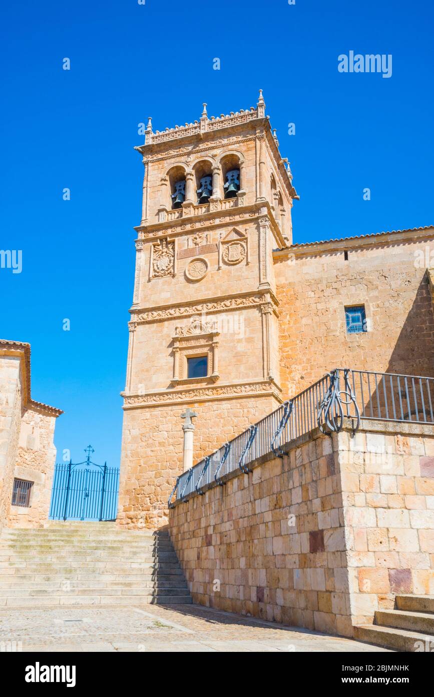 Church. Plaza Mayor, Moron de Almazan, Soria province, Castilla Leon, Spain. Stock Photo
