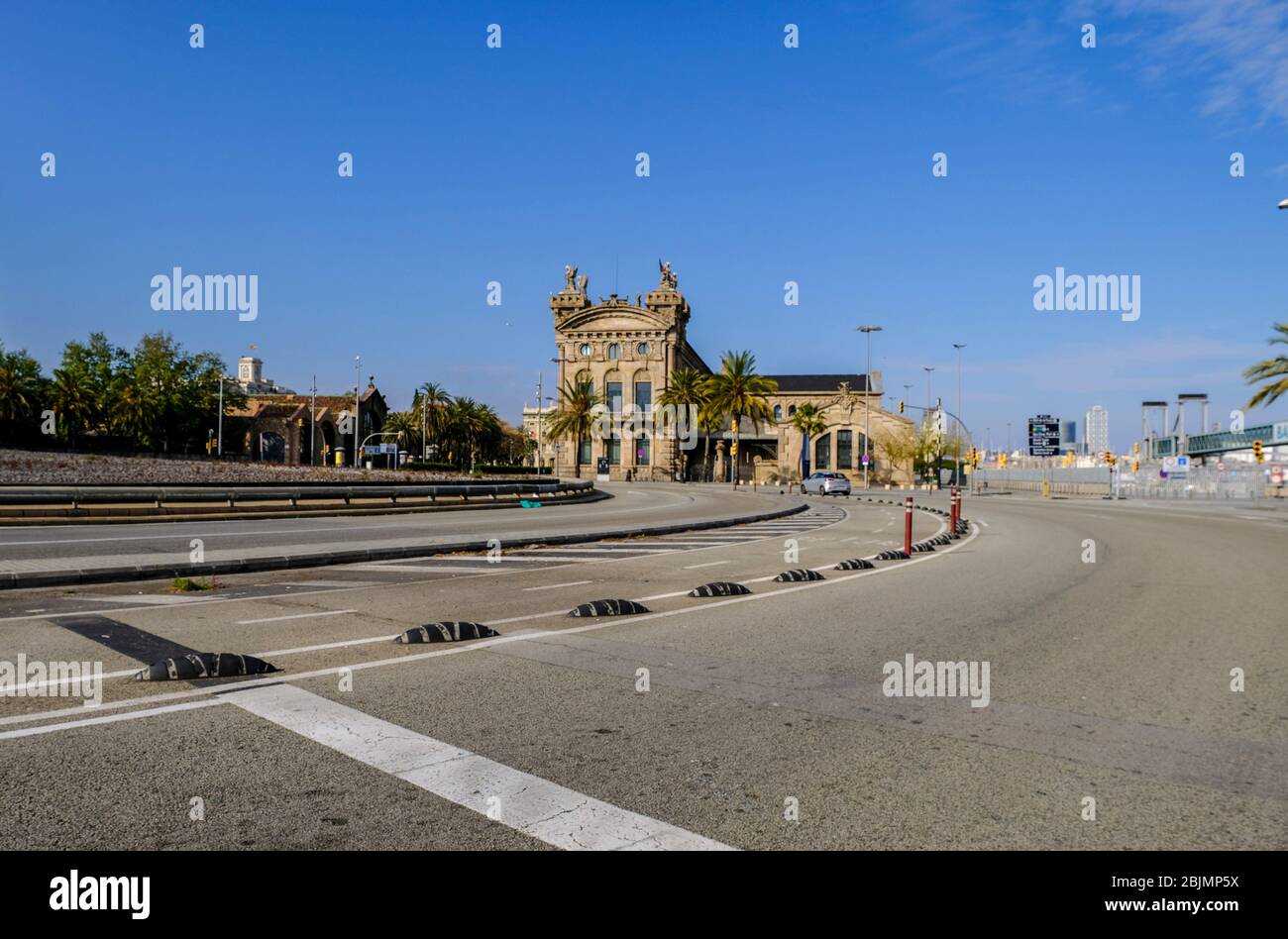 The Plaza de les Drassanes is deserted due to the total confinement of the population in Spain. Spain is one of the countries most affected by the Stock Photo