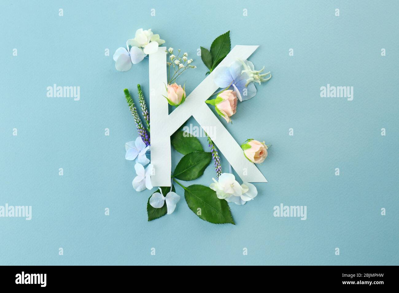 Composition with letter K and beautiful flowers on color ...