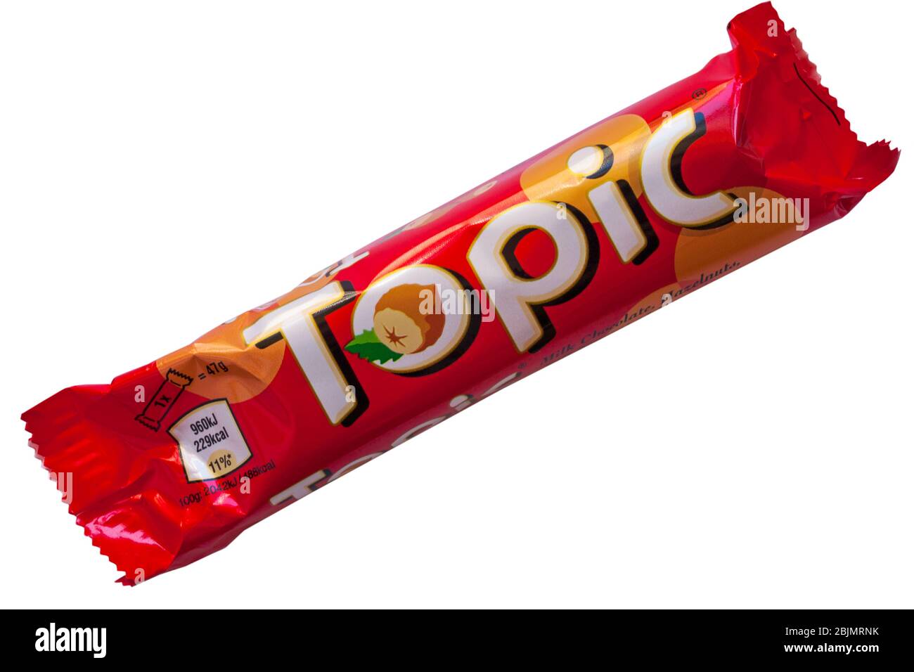 Topic bar isolated on white background - milk chocolate with hazelnuts, soft nougat and smooth caramel centre Stock Photo