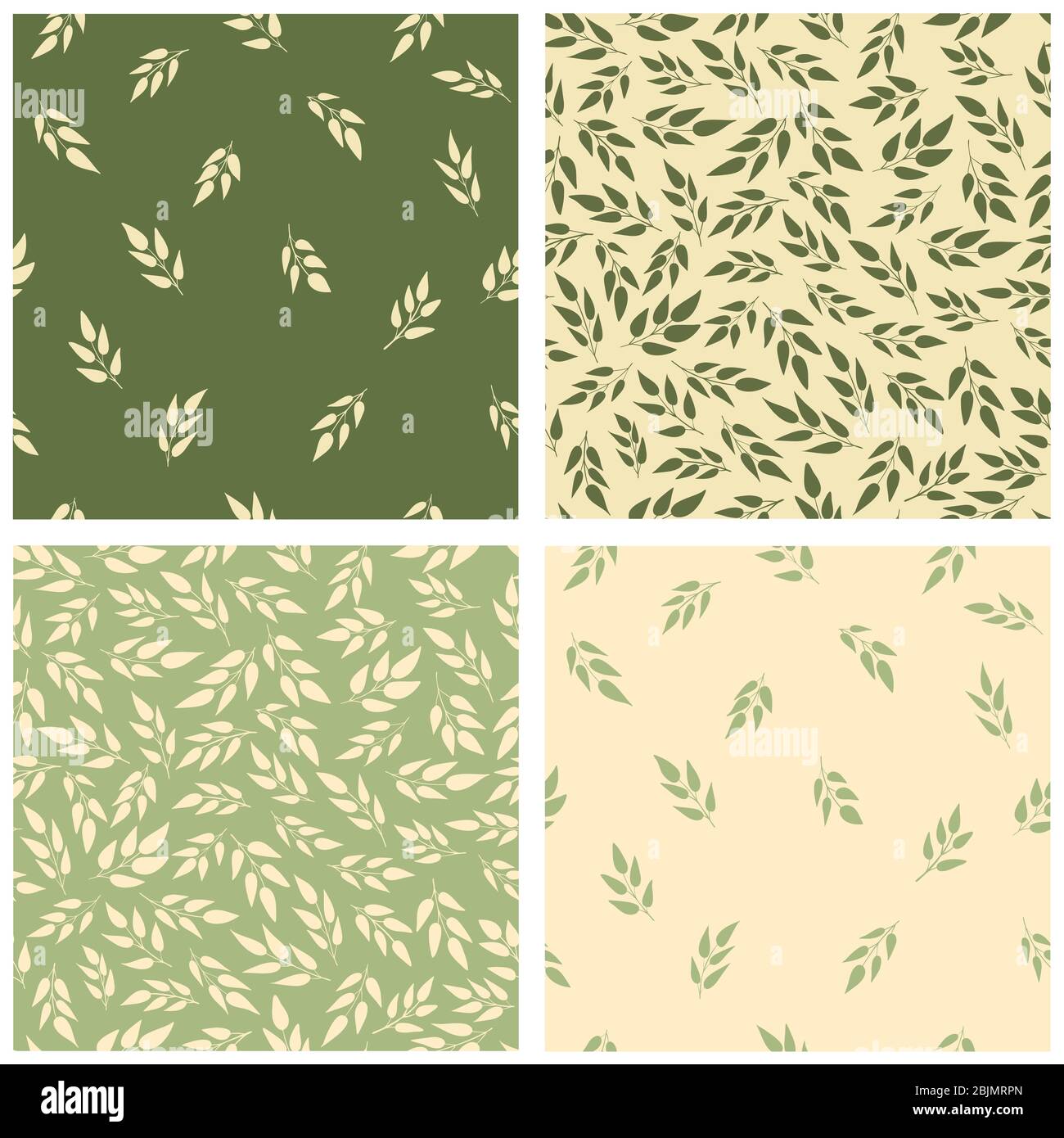 Set of 4 Simple Floral Vector Seamless Patterns. Green, beige Leaves on a light Background. Lovely Repeatable Spring Layouts. Soft Green Stock Vector
