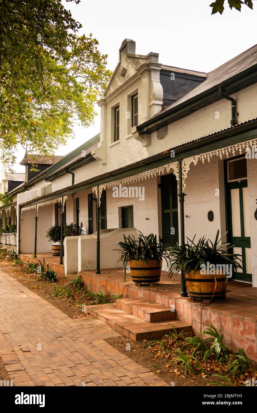 South Africa; Stellenbosch; Dorp Street, cast iron balconies outside Krige Cottages, erected in 1850, remodelled in 1900 Stock Photo