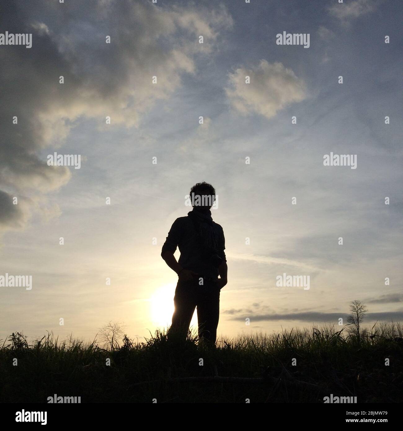 Silhouette of a man standing in a field at sunset, France Stock Photo