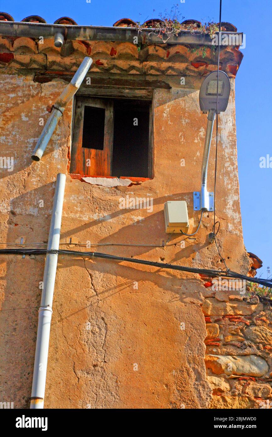 broken drain pipe and window, Breda, Catalonia, Spain Stock Photo Alamy