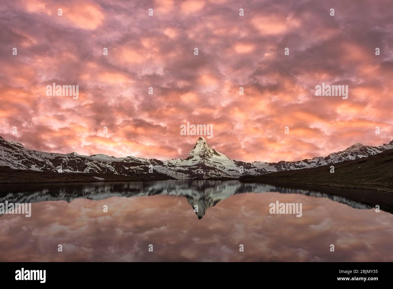 Matterhorn mountain reflection in Stellisee, Zermatt, Switzerland Stock Photo