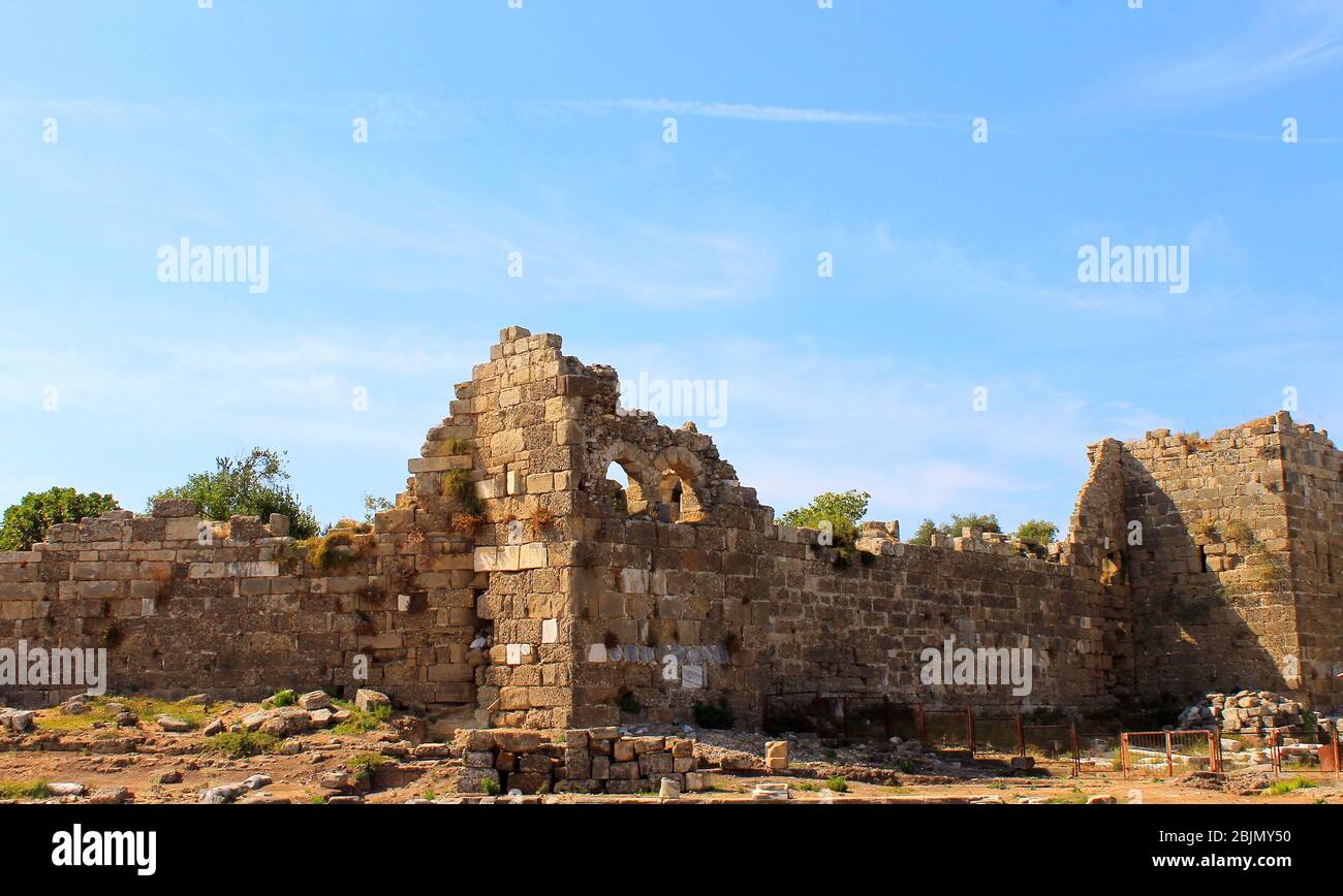 Antique ruins and sights of the Turkish resort town of Side Stock Photo ...