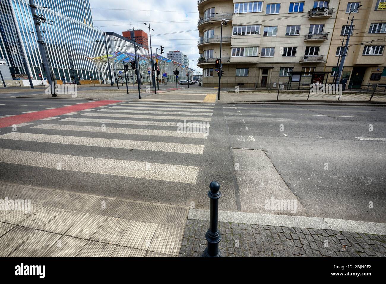 Europe, Poland, Lodz, March 2020, empty streets of city center during the coronavirus pandemic. Stock Photo