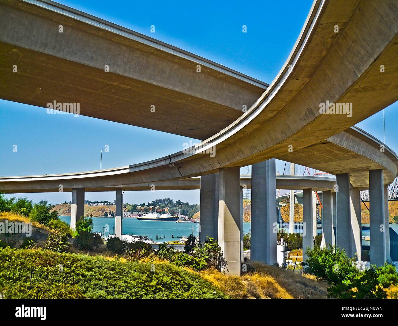 Under Interstate 80 Highway interchange leading to the Carquinez bridge at Crockett, California. Stock Photo