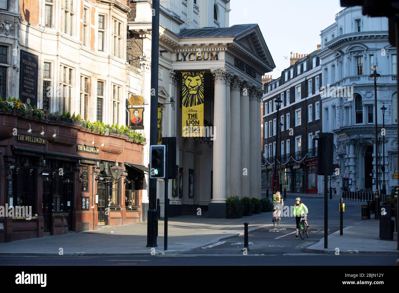 A completely abandoned Bank of England and Royal Exchange early this morning in the heart of the City of London during the coronavirus lockdown, UK Stock Photo