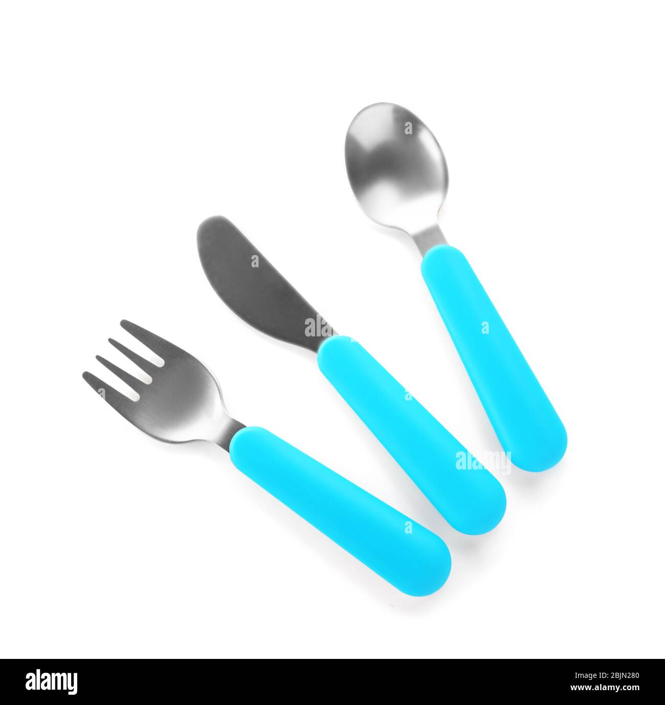 Colorful eating utensils for baby on white background Stock Photo Alamy