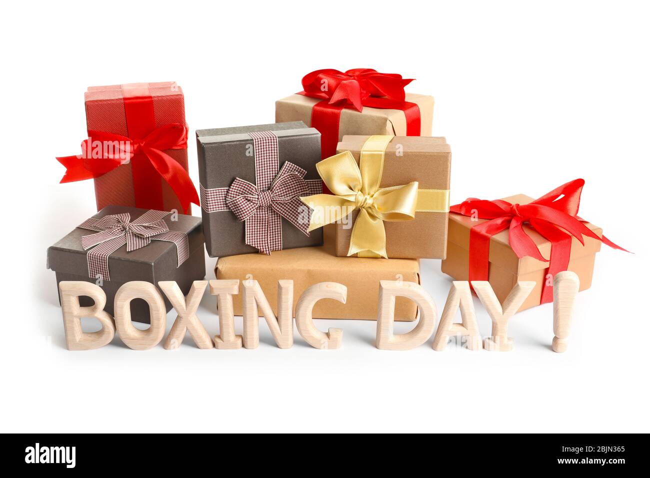 Composition with words BOXING DAY and many gift boxes, isolated on white  Stock Photo - Alamy