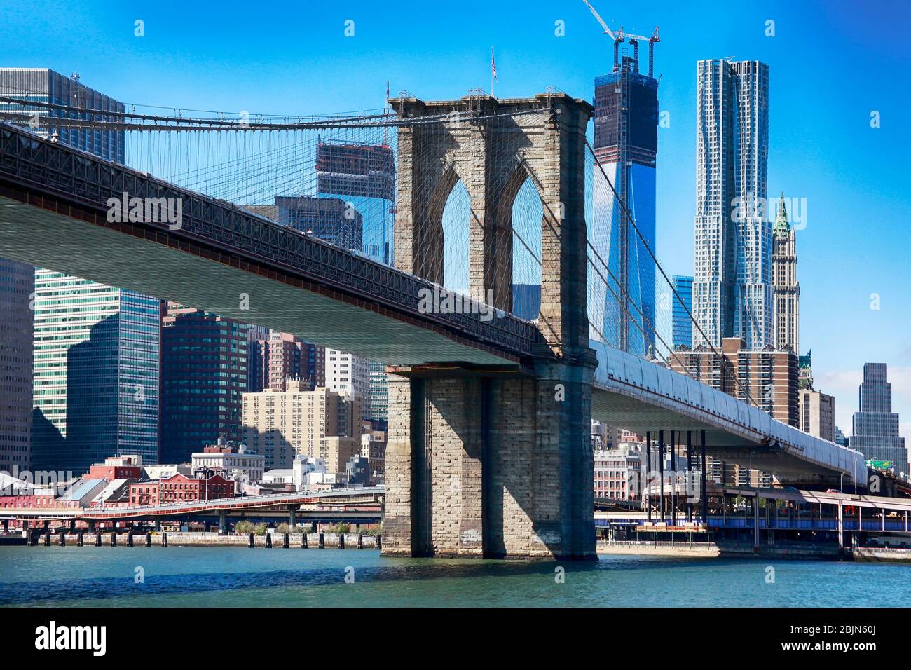 Brooklyn bridge from East river Stock Photo