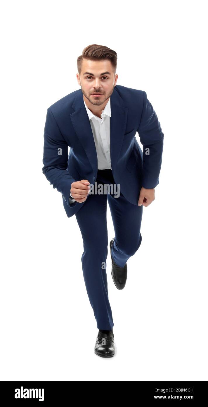 Handsome running businessman on white background Stock Photo - Alamy