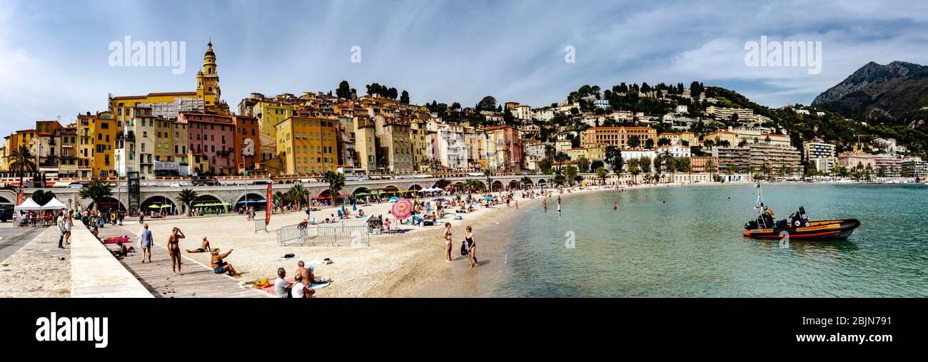 Menton Beach and sea front, Cote d'Azur, Provence, France. Stock Photo