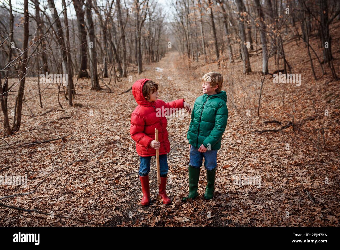 Two happy boys hiking through the forest, USA Stock Photo
