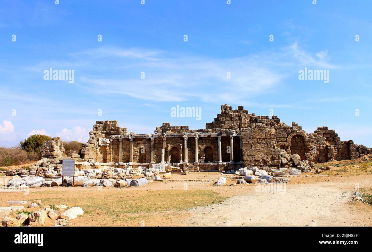 Antique ruins and sights of the Turkish resort town of Side Stock Photo ...