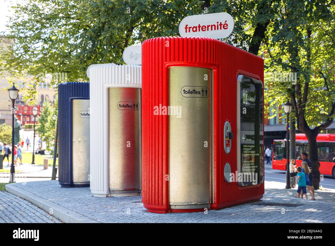 Public toilets in Oslo city center at Spikersuppa park with colours of ...