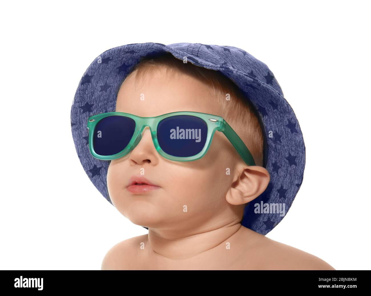 Cute little baby wearing sunglasses and hat, isolated on white Stock