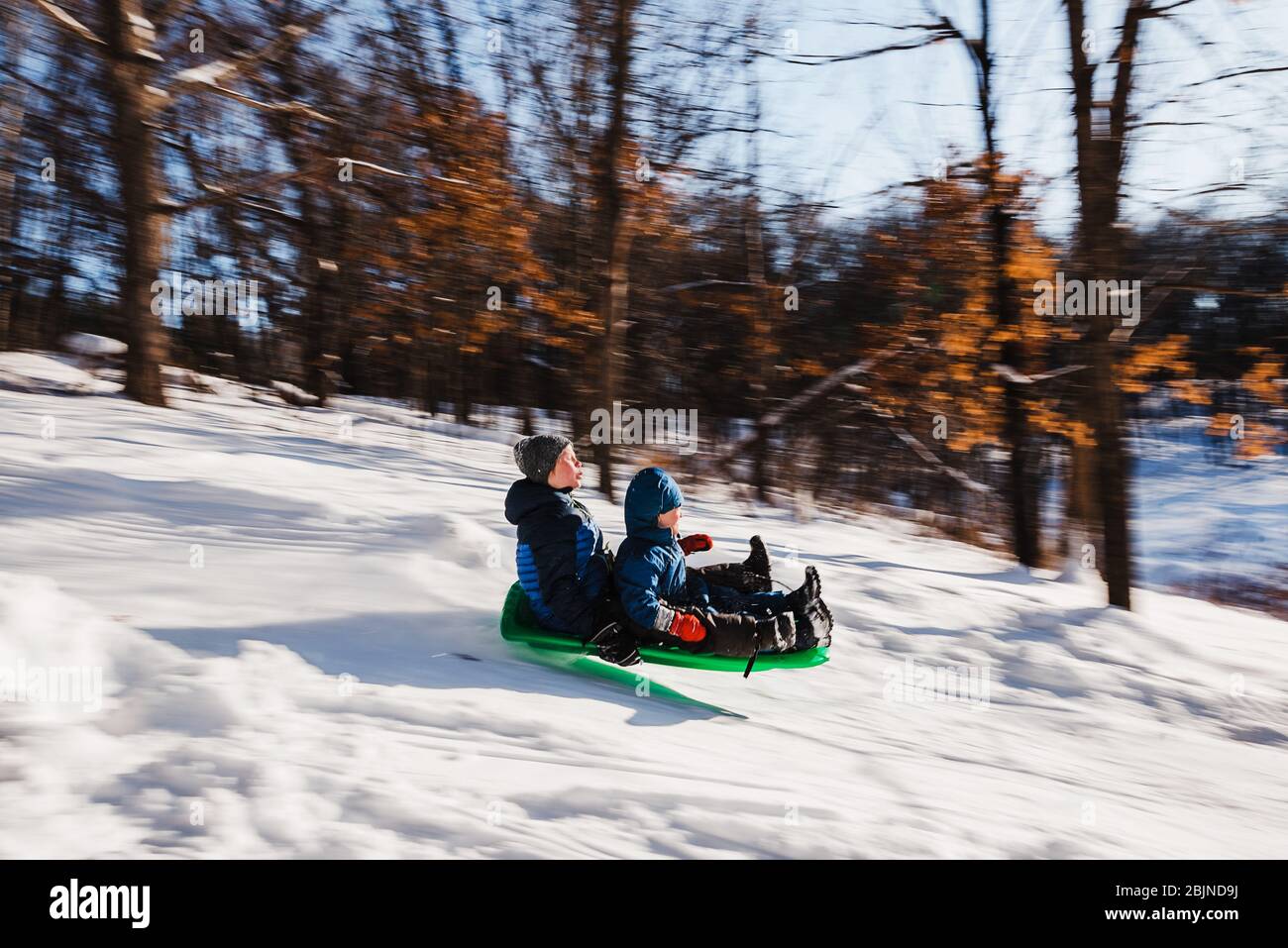 Two boys sledding down a hill, USA Stock Photo Alamy