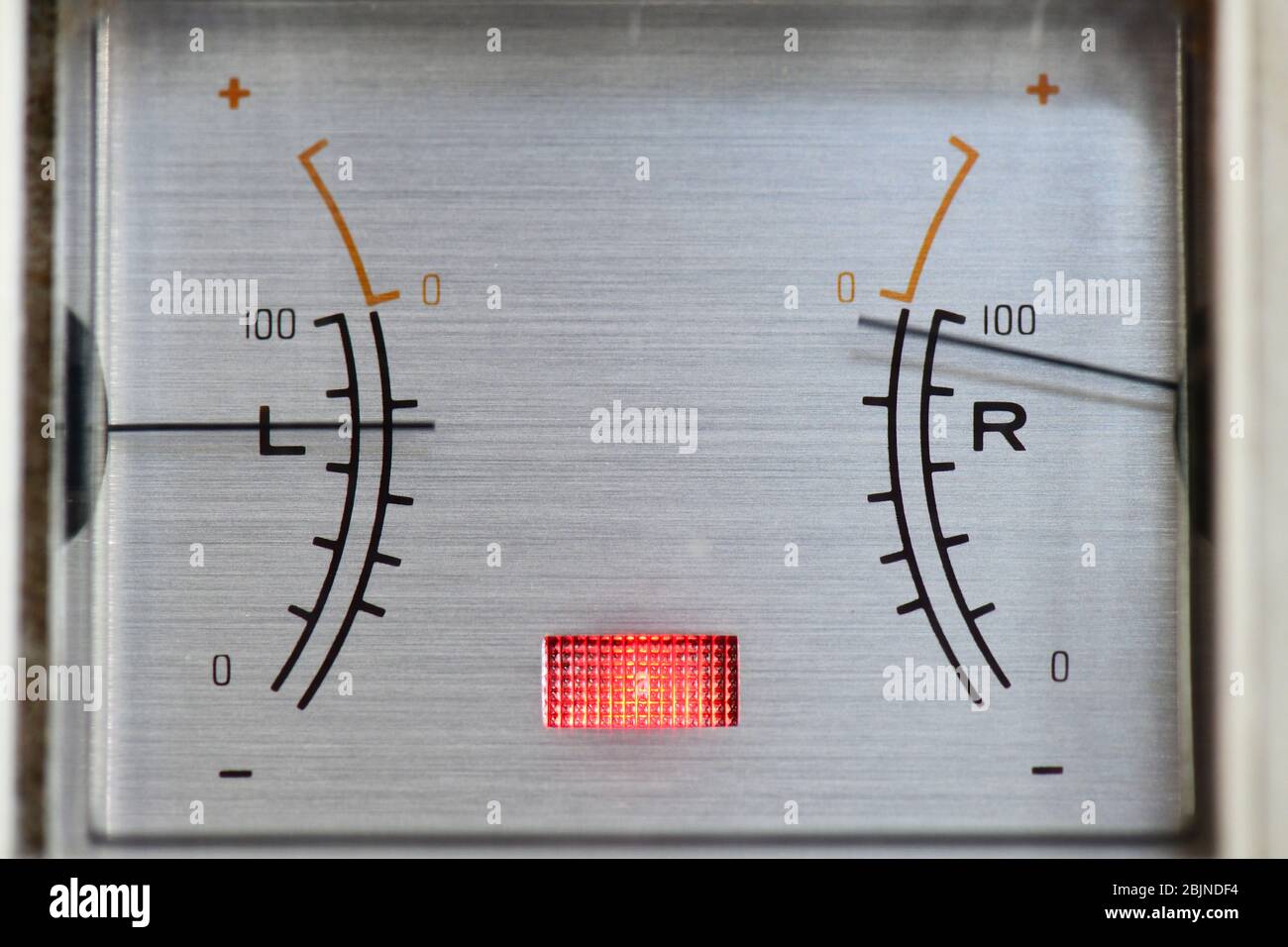 needles showing sound level in decibels on sound recording electronic equipment Stock Photo