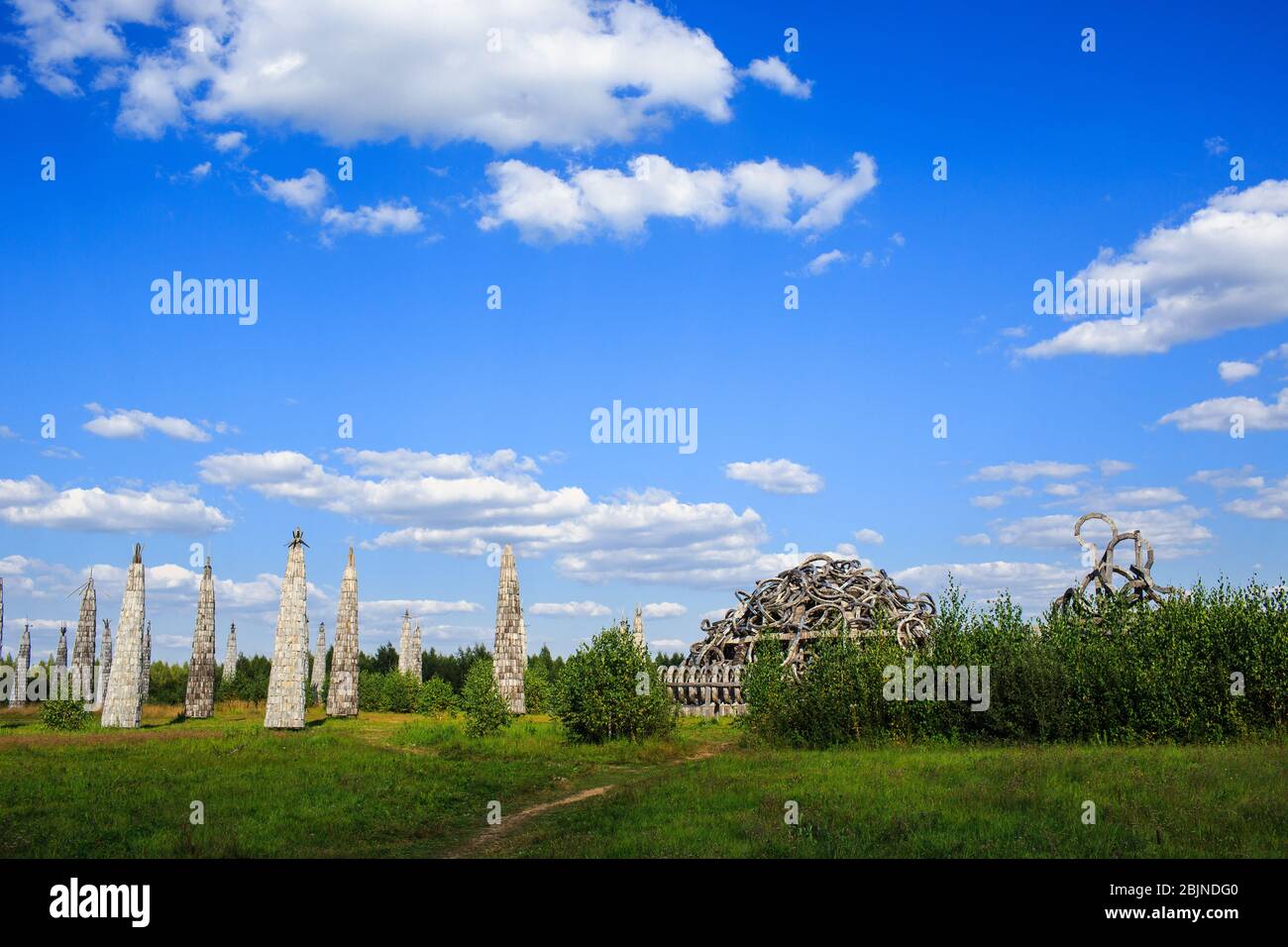 Panorama of Art-objects Universal Mind in Nikola-Lenivec, National park, Russia Stock Photo