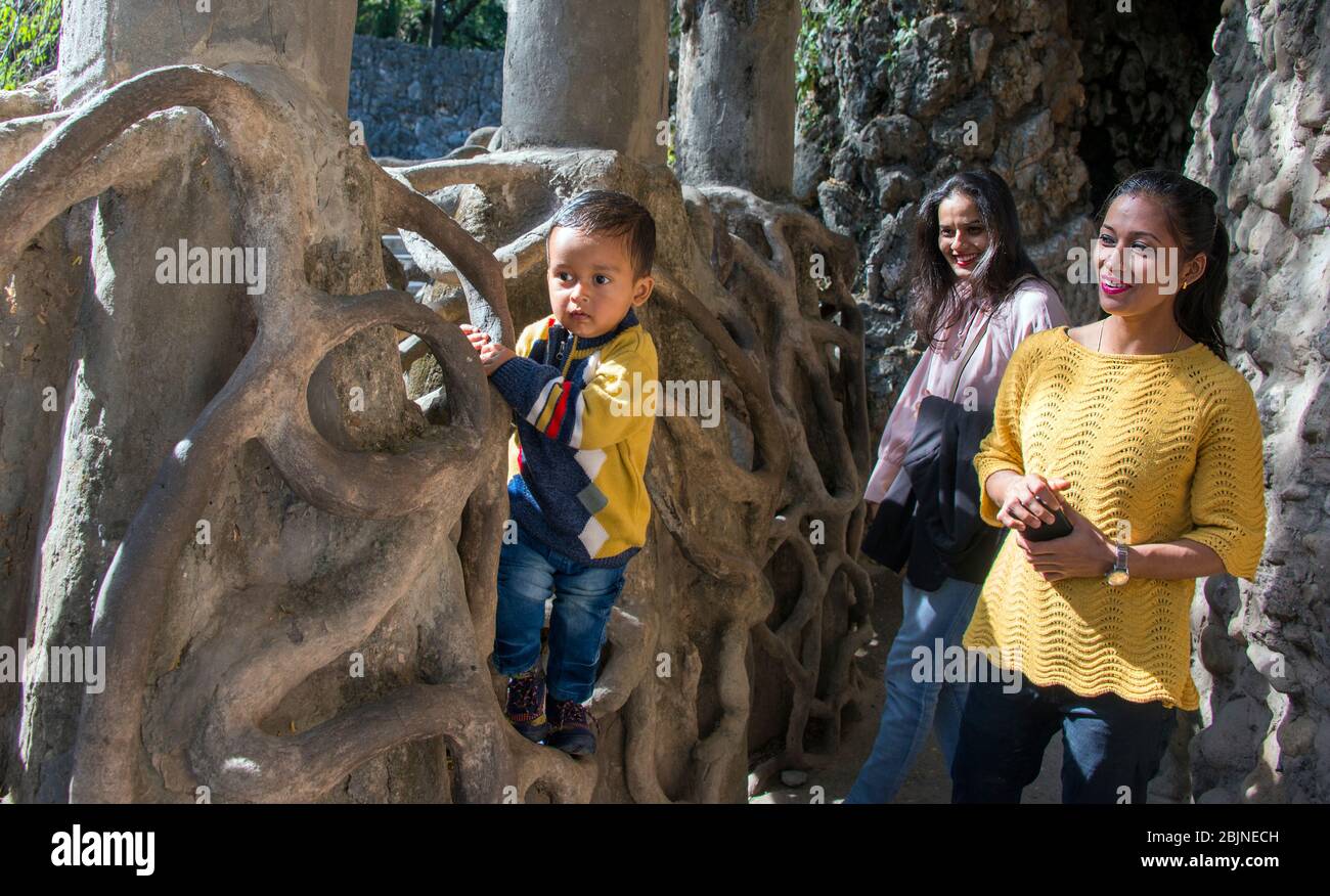 Two women with boy Rock Garden Chandigarh Punjab India Stock Photo - Alamy